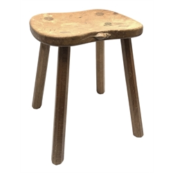 'Mouseman' oak four legged stool with dished seat, by Robert Thompson of Kilburn, 37cm x 30cm, H46cm