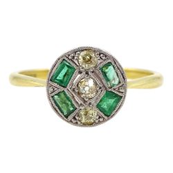 Art Deco old cut diamond and calibre cut emerald target ring, stamped 18ct & PT