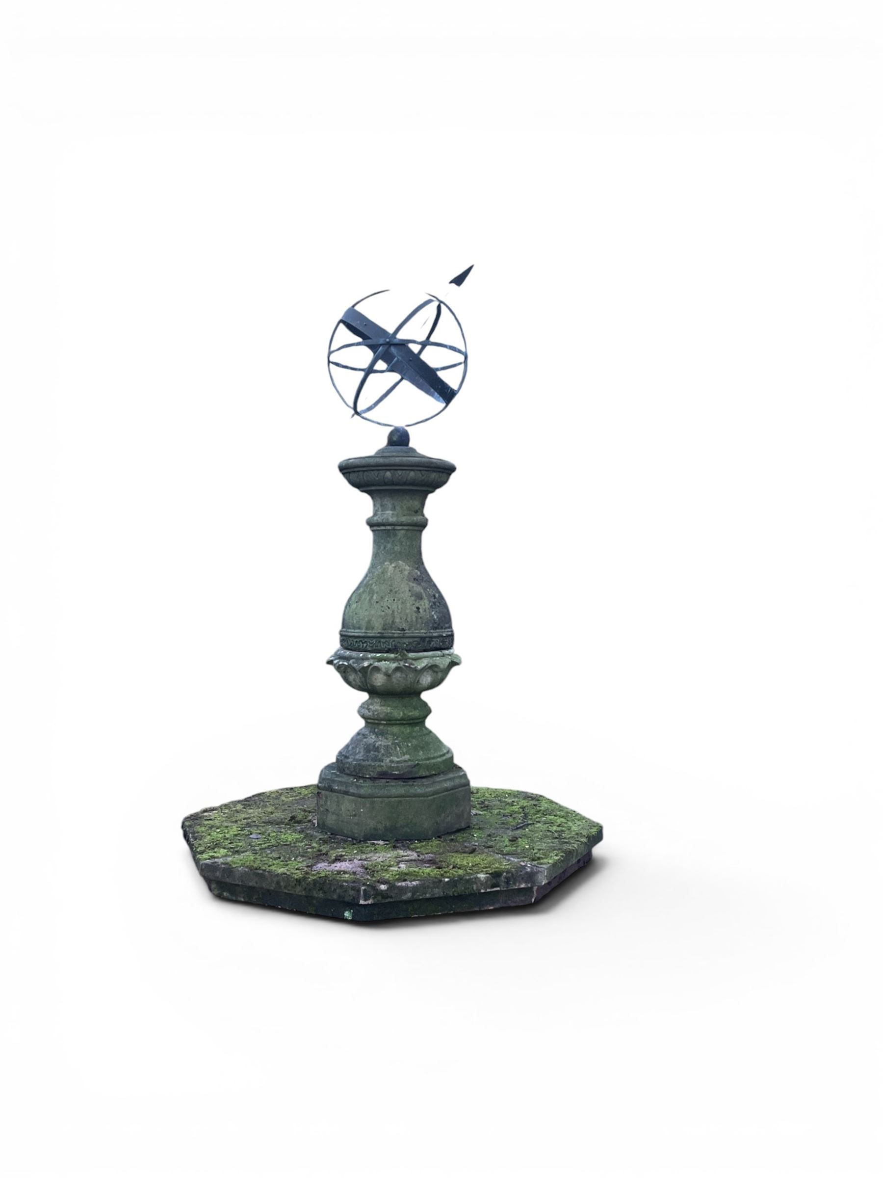 Impressive Haddon stone armillary sundial, raised on column pedestal with octagonal base, seated on weathered sectional plinth, measurements without plinth.
Plinth: 140cm x 140cm