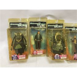 Sixteen carded action figures comprising seven 'Gears of War'; four 'Hitchhikers Guide to the Galaxy'; two 'Torchwood'; 'Planet of the Apes'; 'Bruce Lee'; and 'Assassin's Creed'; all in unopened packs (16)