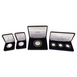 Queen Elizabeth II Tristan da Cunha 2014 silver proof piedfort five pounds, 2015 'Longest Reigning Monarch' silver proof five pounds and silver proof one pound three coin collection, and Isle of Man 2015 'Battle of Britain' silver proof crown, all cased with certificates