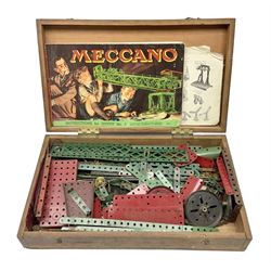 Meccano - quantity of playworn sections in red and green, in scratch-built pitch pine box with 3, 3A and 4A instruction booklets, box L43cm