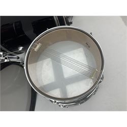 Rockburn eight-piece black drum kit with bass drum, floor tom and five other toms and snare drum; together with two other snare drums; Haosen bass drum; four cymbals; various stands, foot pedals, stool, tri-angle, drum sticks etc