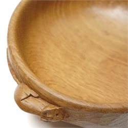 Mouseman - oak circular nut bowl with adzed exterior and carved mouse signature by the workshop of Robert Thompson, Kilburn