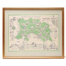 Estra Clark (British 1904-1993): 'Historic Jersey', pictorial colour map of Jersey with important events and places described pub. Ben Johnson & Co, York 1957, signed and dated '85 in pen 40cm x 56cm
