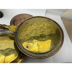 Set of Weylux Prince cast iron and brass weighing scales with weights, together with three copper and brass warming pans and other metal ware