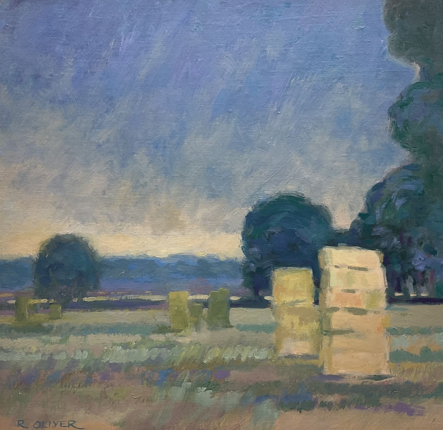 Raymond Oliver (British 1933-): 'Wolds Harvest', oil on board signed, titled and dated 1989 on label verso 29cm x 30cm 