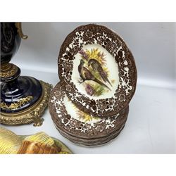 Sevres style vase and cover, the body of baluster form with scrolling gilt metal mounts printed with courting couple scene, together with copper lustre jug and quantity of Royal Worcester Palissy Game Series plates, quantity of Pendelfin figures etc, vase H44cm