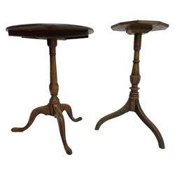 Early 19th century elm and oak tripod table, decagon oak top with raised edge, on turned column with three splayed supports (H74cm); and an early 19th century elm and oak tripod table, circular oak tilt top on turned column with three splayed supports (H70cm) 