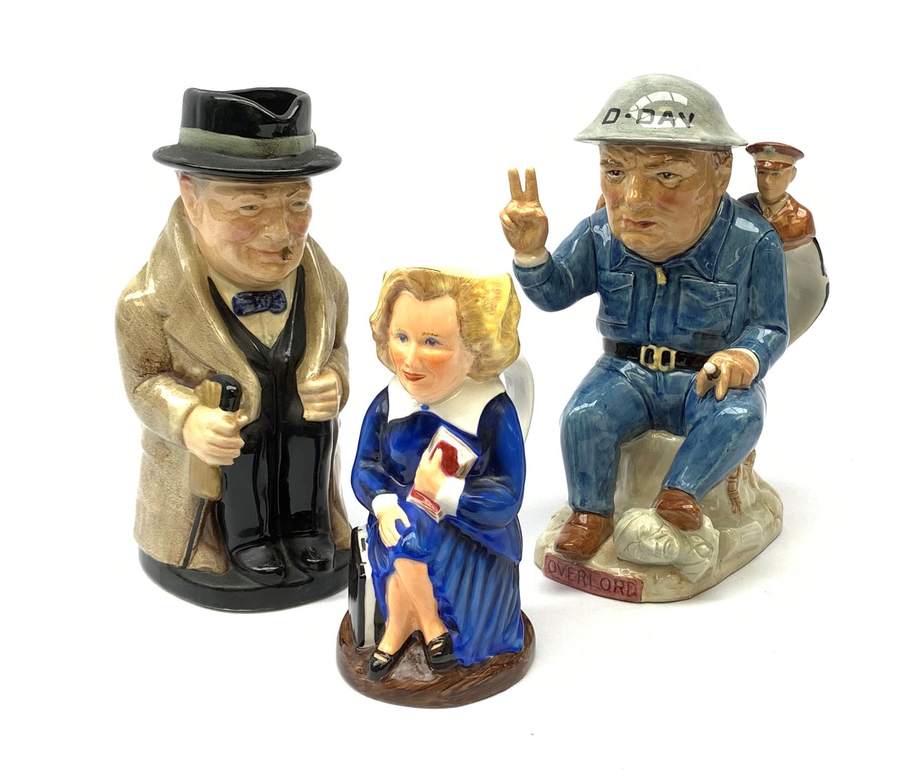Three character jugs, comprising a limited edition Kevin Francis example modelled as Winston Churchill, modelled by Andy Moss, 138/750, a Royal Doulton example modelled as Winston Churchill, and a Roy Kirkham Pottery example modelled as Margaret Thatcher. 