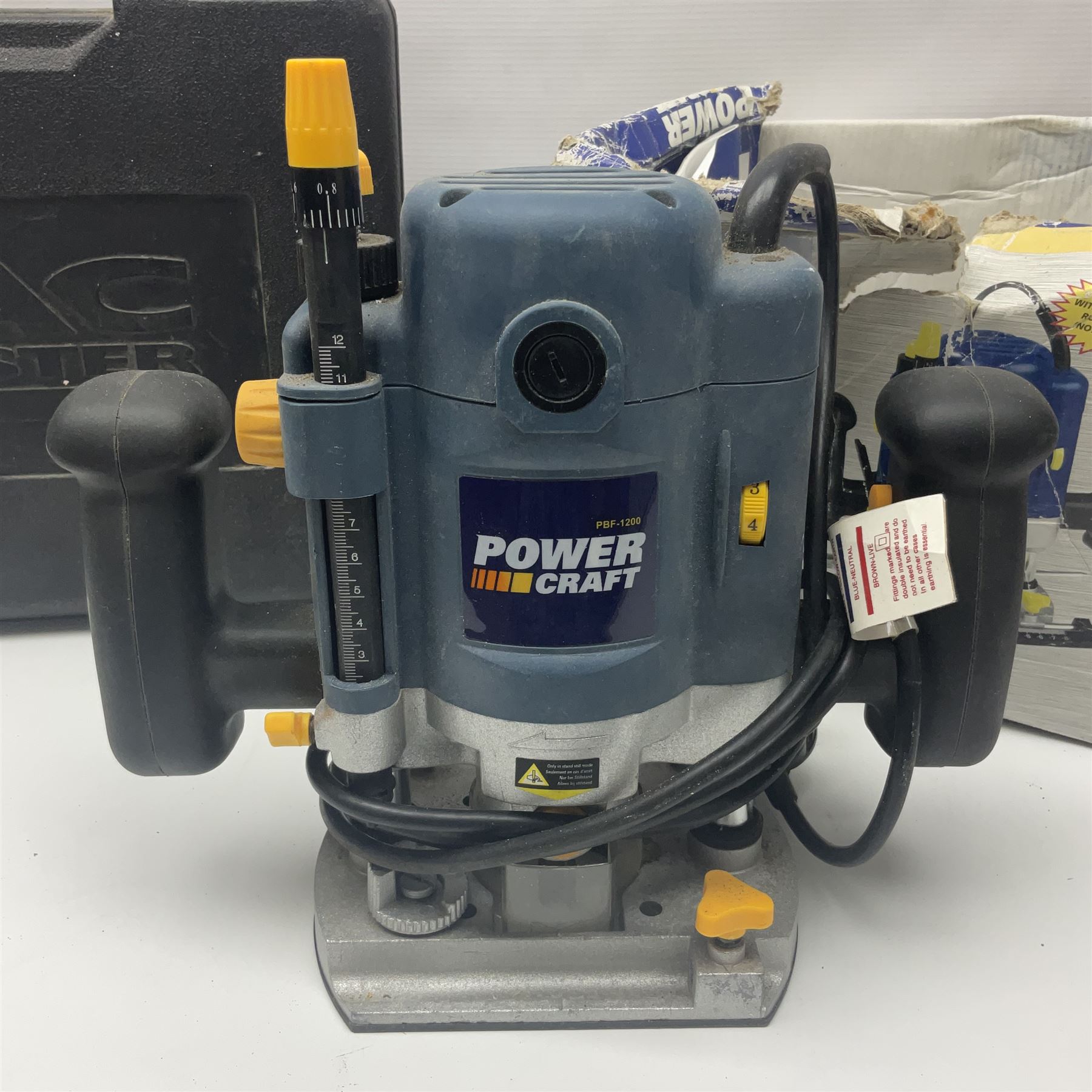 Collection of tools, comprising grinder electric, cased Mac Allister jigsaw, Power craft router