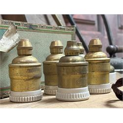 Group of antique and vintage electrical hardware, including a set of five brass and ceramic bulb holders, three early 20th century wall sconces, light switches etc.  - COLLECTION BY APPOINTMENT FROM: The White House, Thirsk Road, Easingwold, York, YO61 3NF - CALL 01723 507111 TO ARRANGE