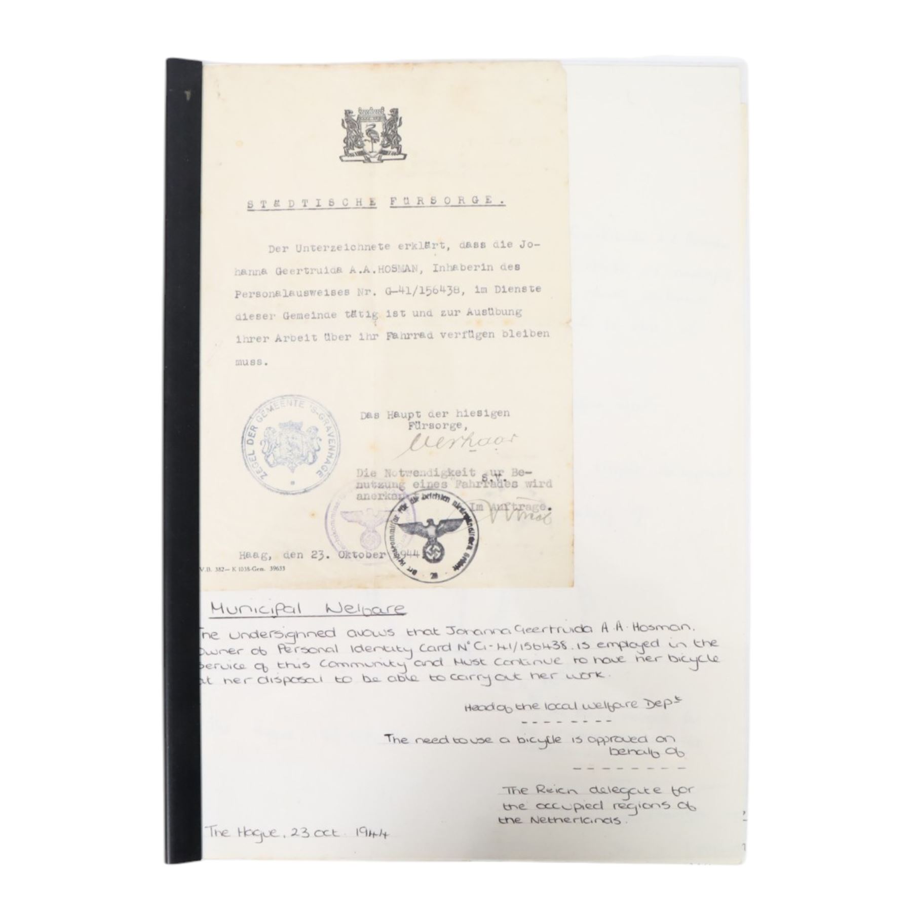 WWII Third Reich ephemera, including Army passes, provisional foreigner's passports, reports etc 