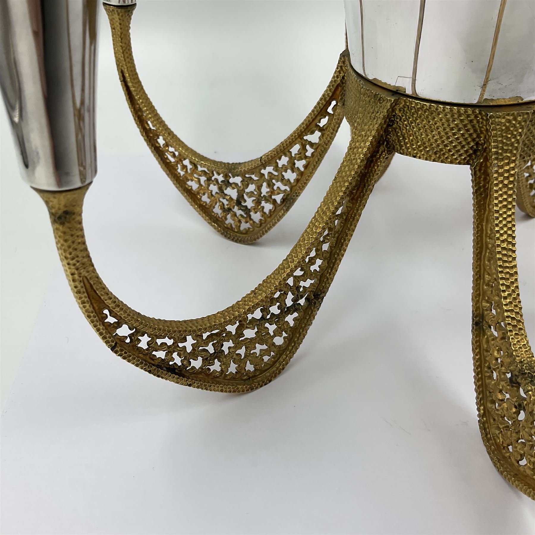 Modernist silver plated candelabra centrepiece by Stuart Devlin, with six pierced gilt branches supporting a central tapering cylindrical rose bowl and six fluted candle holders, with detachable star shaped gilt cover, stamped SD, TG to underside of central bowl, overall H17cm