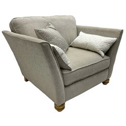 Oak Furnitureland - three-piece lounge suite upholstered in grey fabric, large three-seat sofa (W238cm, D106cm), two-seat sofa (W209cm), and snuggler sofa (W129cm)