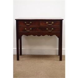  George lll mahogany lowboy, moulded top above two short and one long cockbeaded drawers, original brass swan neck handles, shaped apron on square supports with inner chamfer, W81cm, H71cm, D41cm   