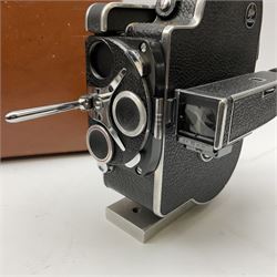 Paillard Bolex H16 Reflex 16mm cine camera with handgrip and turret for interchangeable lenses, KERN Vario-Switar 1:1,9 f=16-100mm POE BOLEX H16RX lens, KERN Switar 1:1,4 f=25mm H16 RX lens, KERN Switar 1:1,9 f=75mm lens, KERN Switar 1:1,6 f=10mm H16 RX lens
