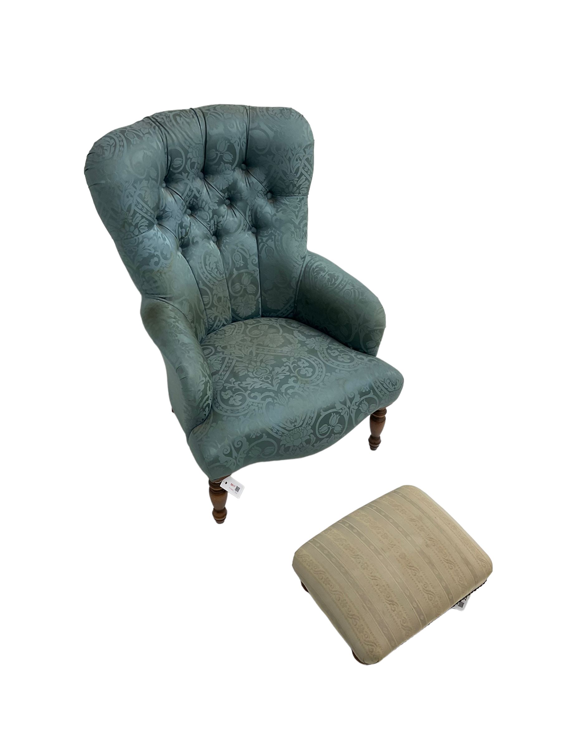 Victorian style bedroom chair in buttoned upholstry and a rectangular upholstered footstool