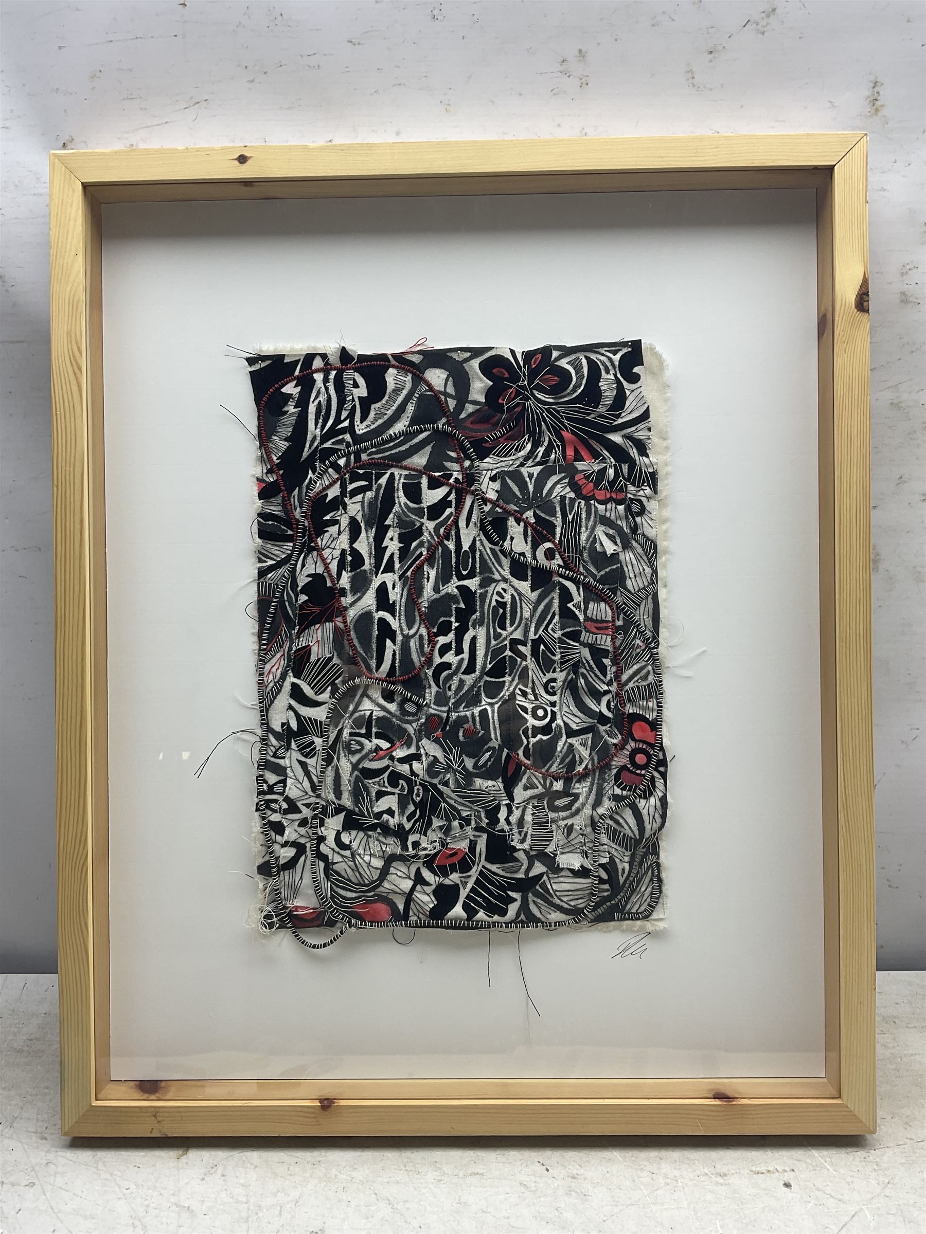 Ros Johnson (Yorkshire Contemporary): Abstract Lines, hand-stitched textile, signed to mount, textile approx. 37cm x 26cm 