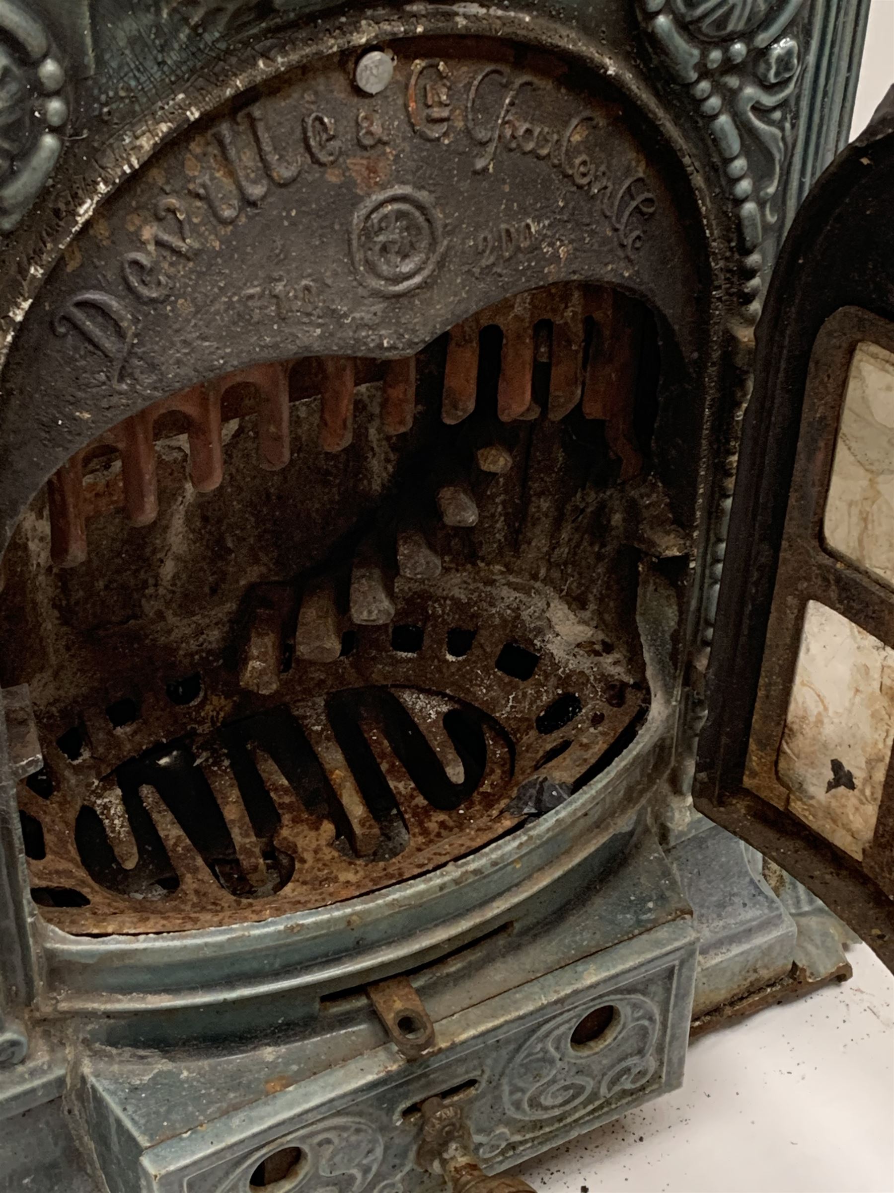 Deville & Co - French Art Nouveau period blue enamel stove, decorated with floral scrolls and flower heads, shell heath, W69cm, H78cm