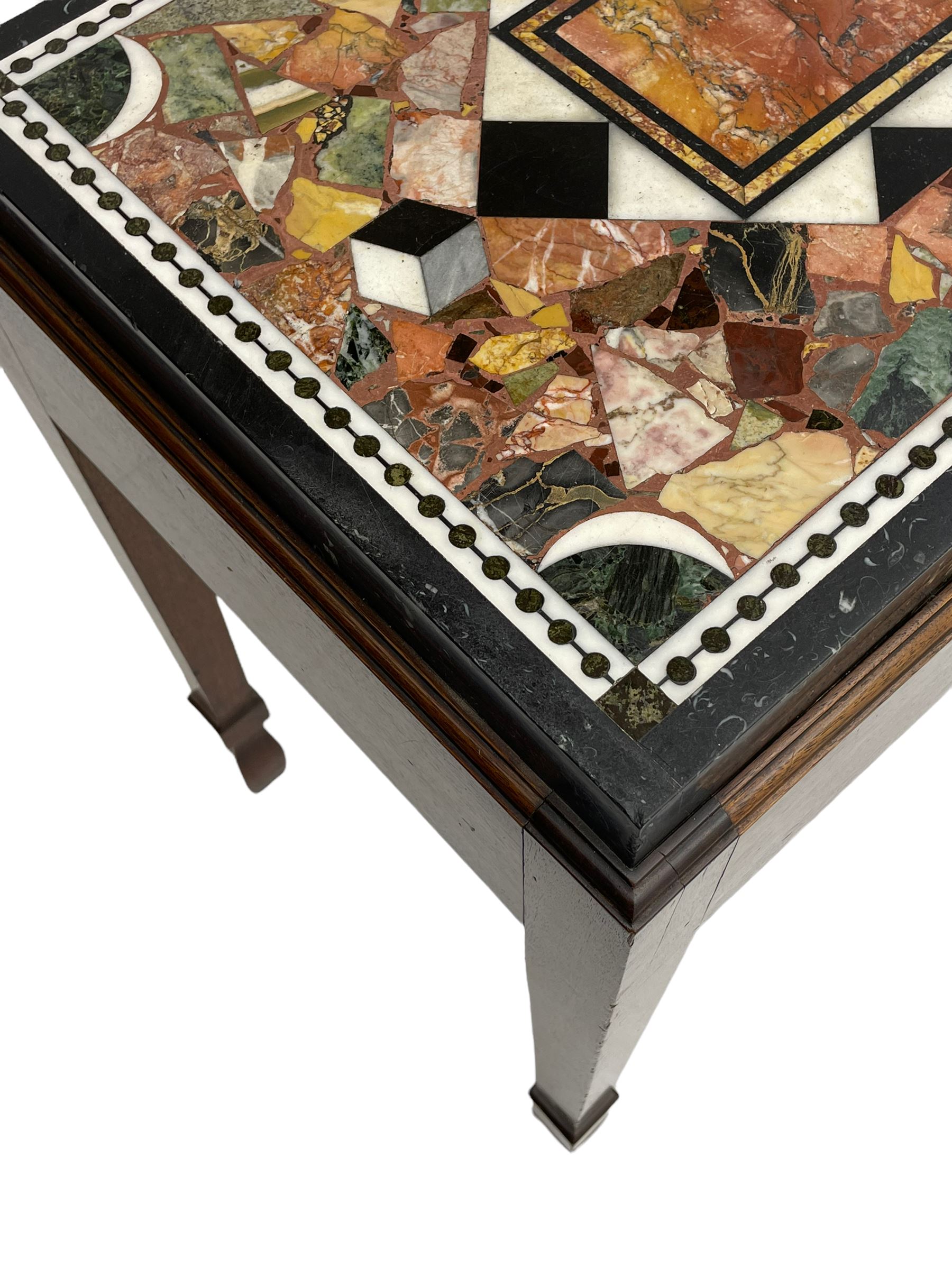 19th century marble specimen table, central rectangular plaque in black and white chequered lozenge, surrounded by fragments and cube motifs, housed within a mahogany stand with moulded top edge, square tapering supports with peg spade feet