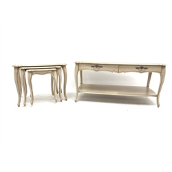 Pierre Fontaine collection light wood coffee table, moulded shaped top, two drawers, cabriole legs joined by solid undertier (W116cm, H55cm, D54cm) and matching nest of three tables (W67cm, H52cm, D44cm)