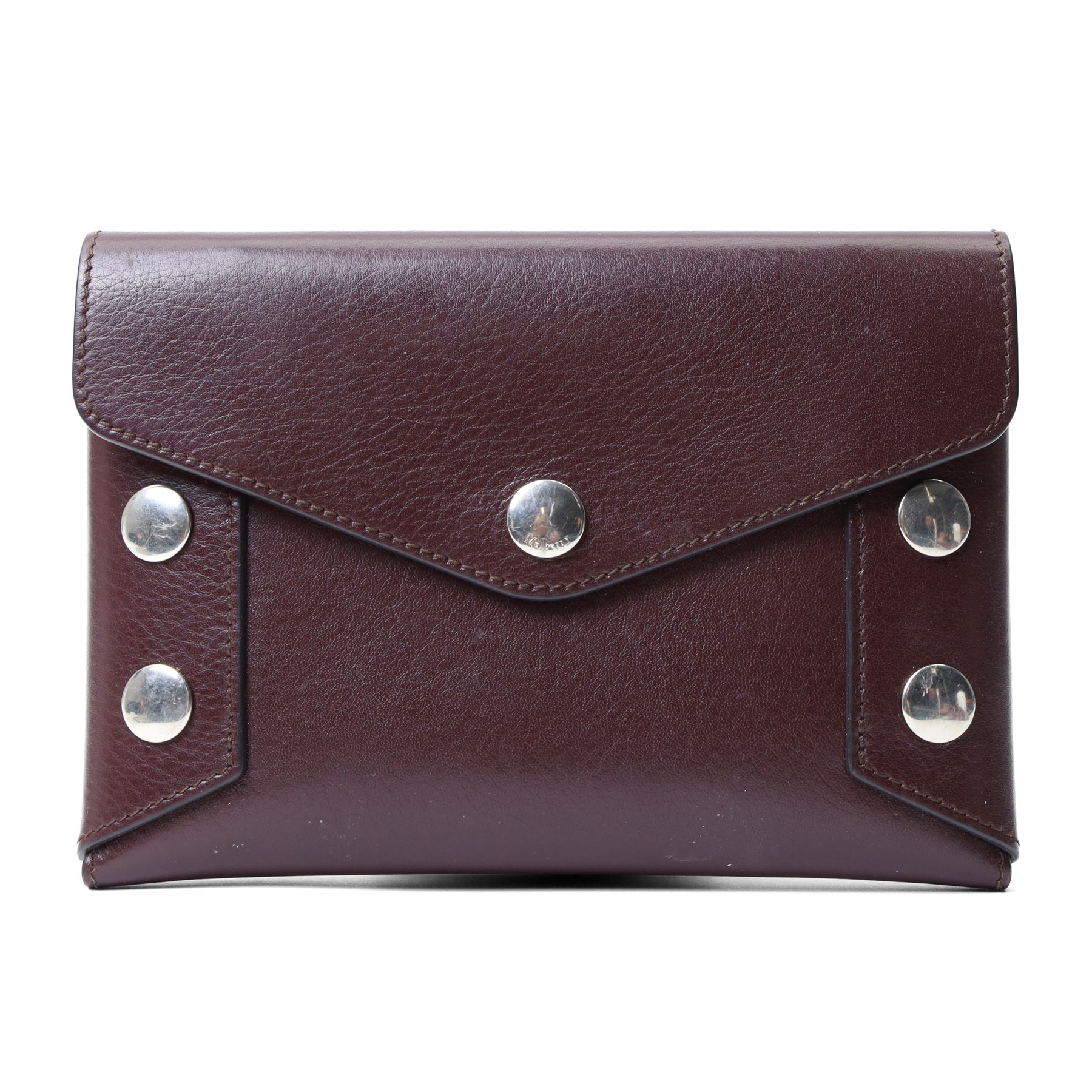 Mulberry - dark burgundy leather clutch pouch, the envelope flap with press-stud fastening and oversized silver-tone stud detailing to the corners, suede-lined interior, with original dust bag