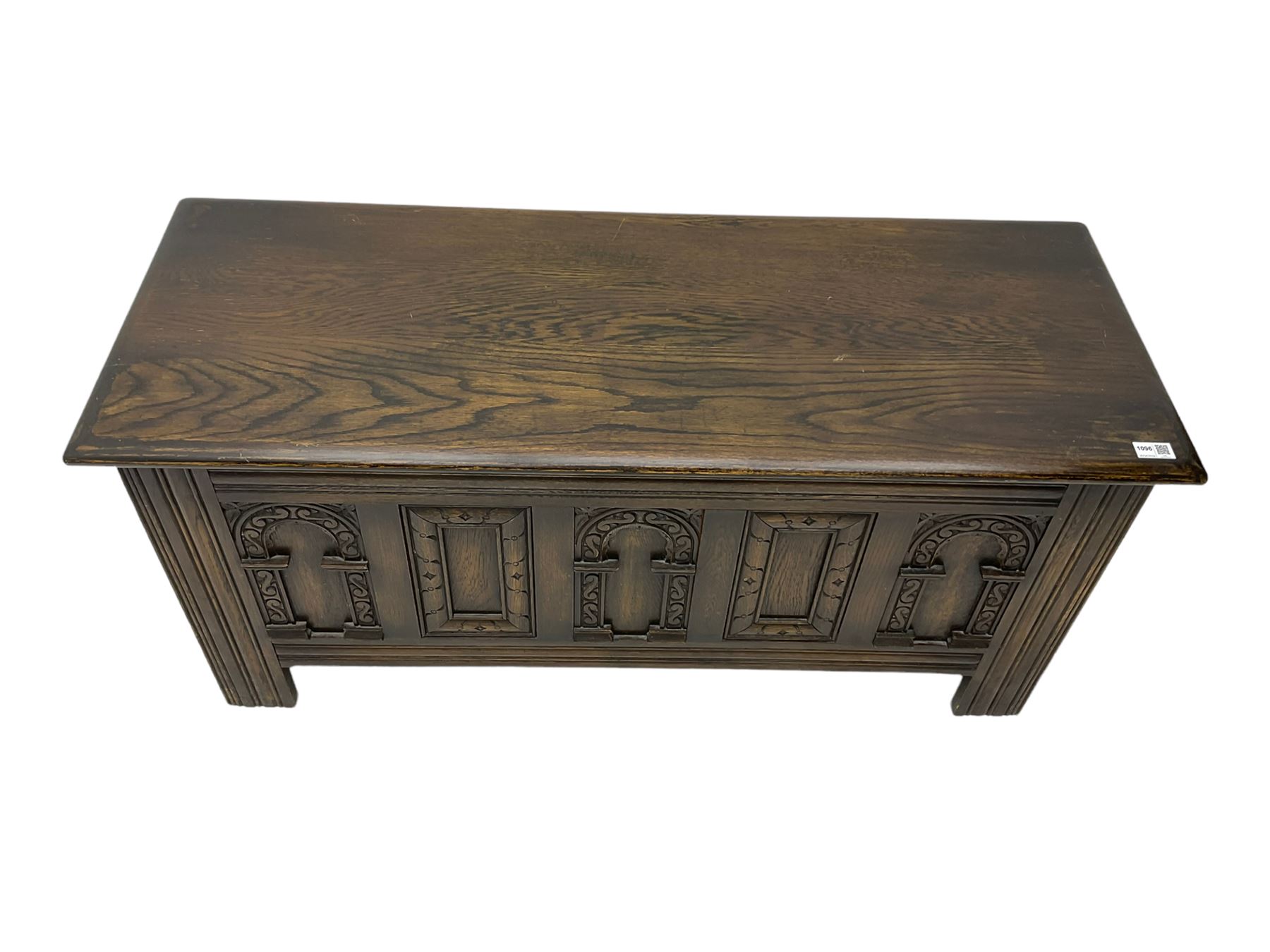 Old Charm - oak blanket box, hinged top, carved front