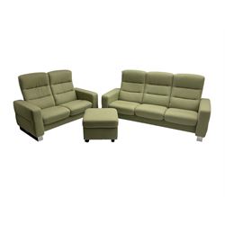 Ekornes Stressless - three seat reclining sofa upholstered in pale green fabric (198cm x 82cm x 100cm), Ekornes Stressless - matching two seat reclining sofa (144cm x 82cm x 100cm), Ekornes Stressless - storage ottoman with hinged seat upholstered in pale green fabric (60cm x 60cm x 42cm)