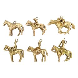 Six 9ct gold horse pendant/charms including racehorse, and military