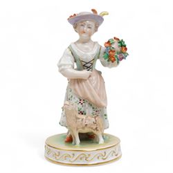 Group of four Dresden figures, including a boy playing the flute, a lady and her lamb, a couple and their sleigh, and a lady playing a mandolin H14cm; together with three other German figures, including a courting couple, largest H18cm (7)