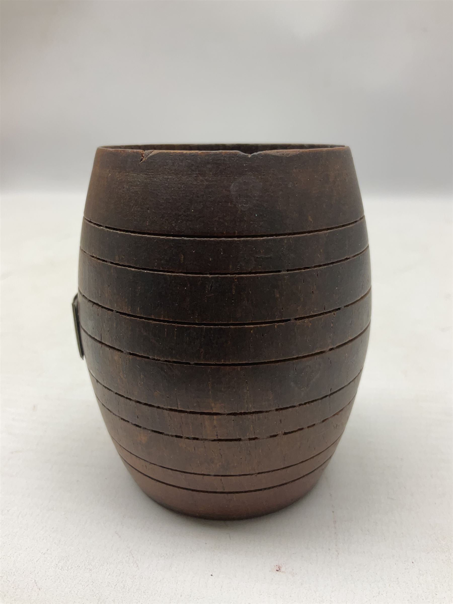 Treen miniature barrel with brass plaque entitled 'From the Teak of HMS Iron Duke Admiral Jellicoe's Flag Ship Jutland 1916' H17cm