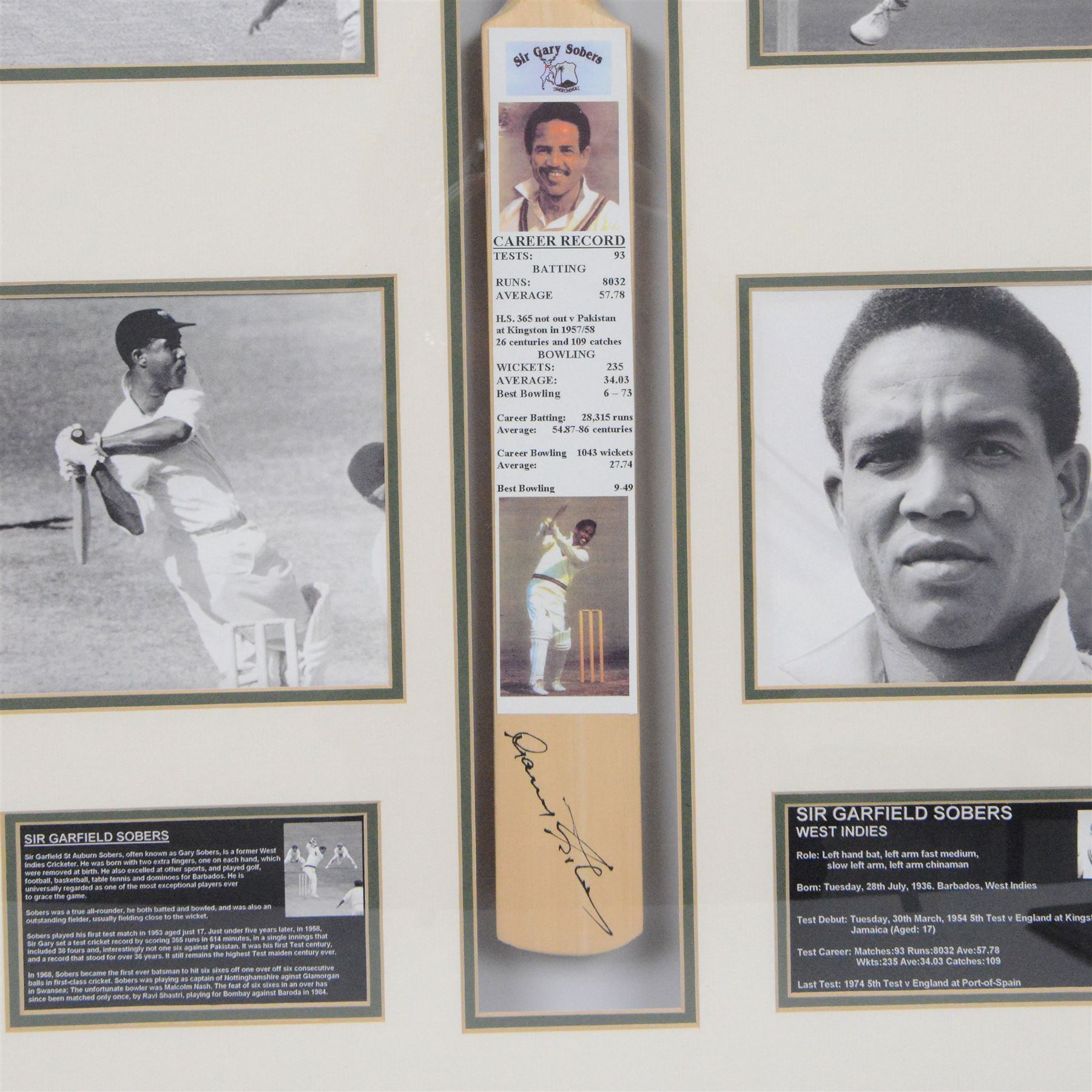 Limited edition signed Sir Garfield Sobers Career Record cricket bat limited edition no. 1of 3, in glazed display case, together with a Sir Garfield Sobers career record montage, with signed miniature bat and four black and white photographs, framed, tallest H97cm