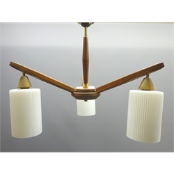  1960's three branch centre light fitting with opaque ribbed glass shades, L49cm x H40cm   