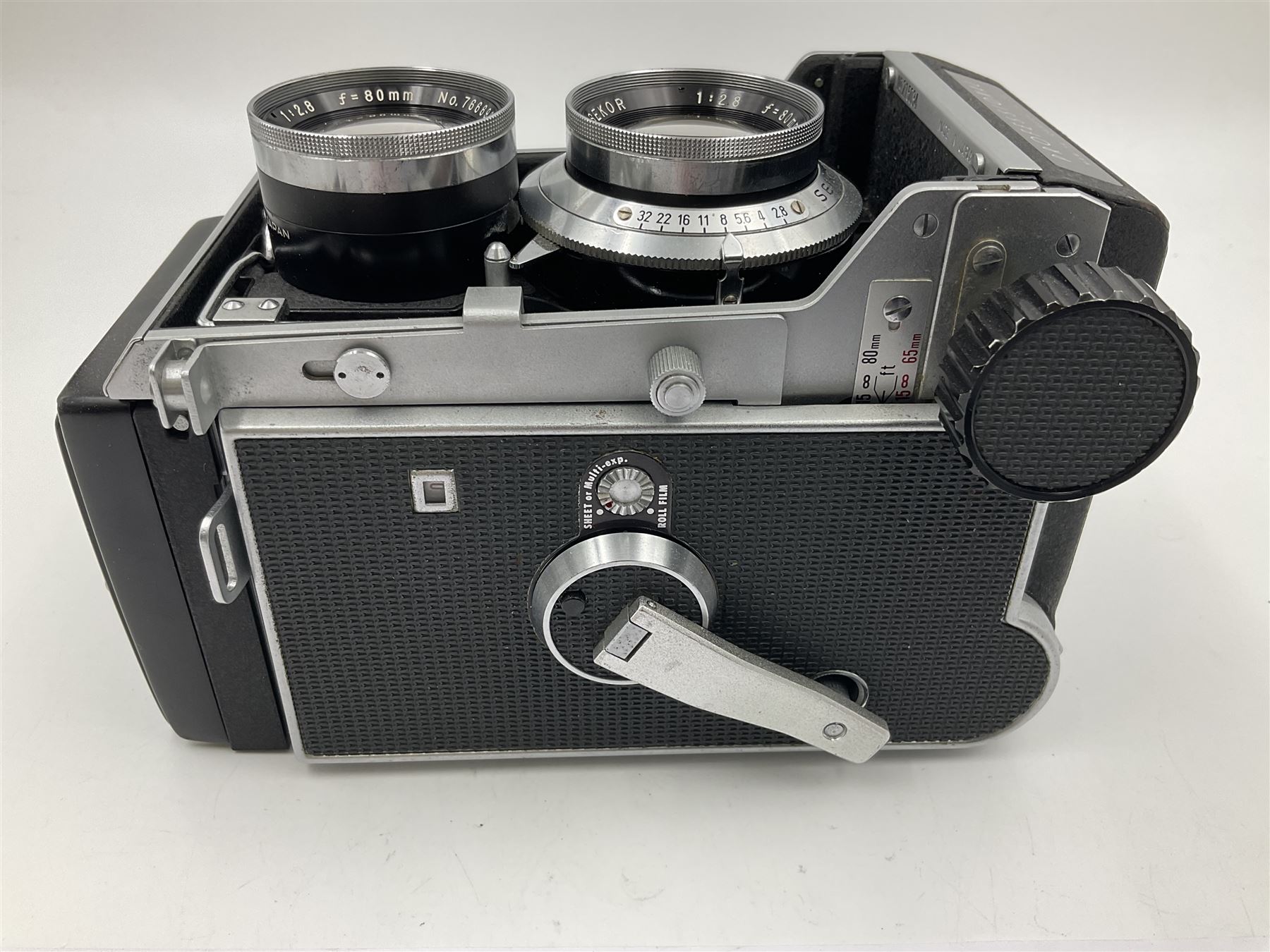 Mamiyaflex C3 TLR camera body, serial no. 215034, with 'Mamiya Sekor 1:2.8 f80mm' lens serial no. 765932