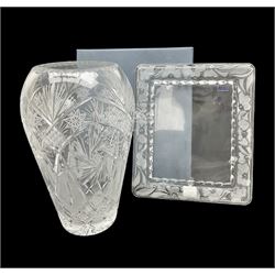 Marquis by Waterford Crystal photograph frame, decorated with moulded and frosted petals, with easel style support verso, boxed, together with a large lead crystal vase, with star cut decoration, vase H36cm