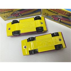 Matchbox 1-75 Series 'Superfast' ex-shop stock - eight models comprising two 62d Dragster, two 64c Slingshot Dragster, two 65d Saab Sonnet III and two 75c Alfa Carabo; all boxed; together with Matchbox trade catalogue c1973 in original vinyl cover (9)