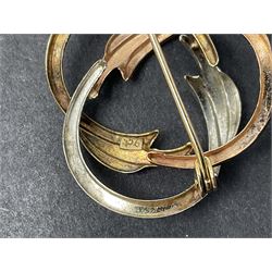 9ct gold jewellery including leaf brooch, wishbone Mizpah brooch, carnelian brooch, gold cased ladies Omega wristwatch, on leather strap and gold cased ladies Tissot wristwatch on expanding gilt strap, together with silver brooches and a Czech paste buckle, etc