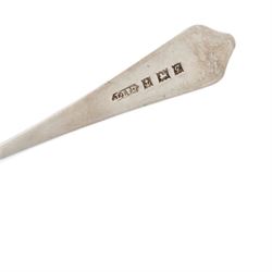 Set of twelve silver coffee spoons with shaped finials Birmingham 1956, set of six silver teaspoons engraved with initials Sheffield 1932 and five George III teaspoons London 1808 Maker Peter and William Bateman