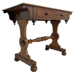 Victorian design mahogany side table, fitted with single drawer, raised on shaped end supports with bun feet, united by turned stretcher