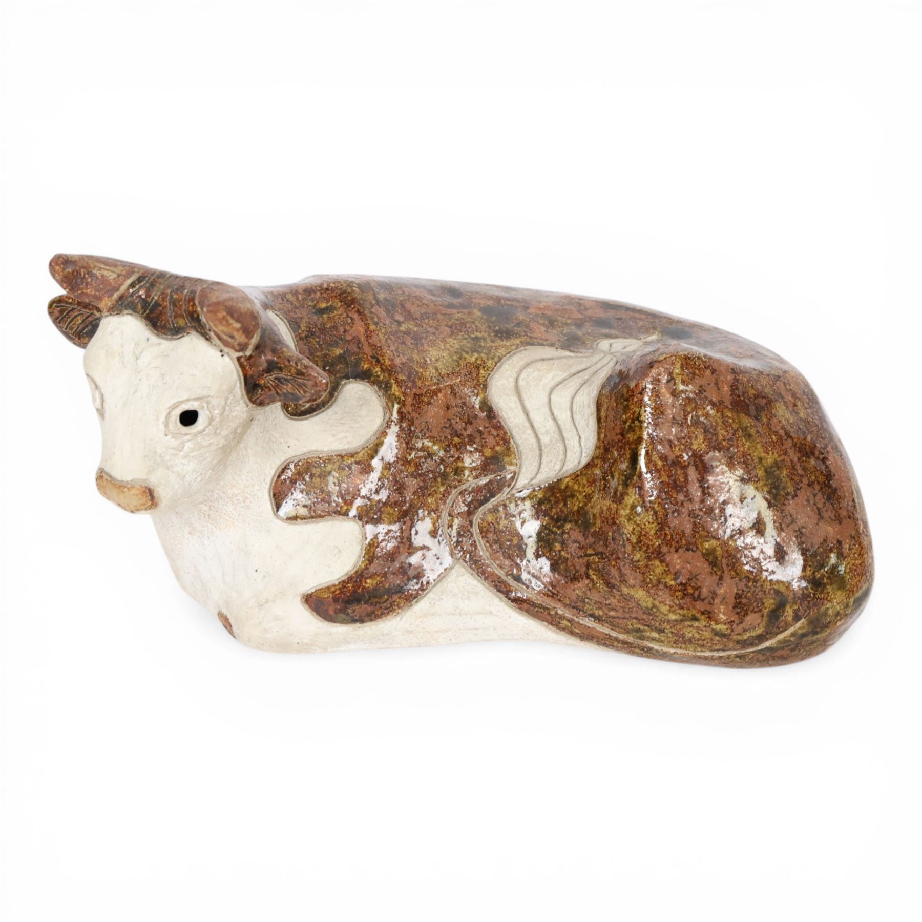 Rosemary Wren (1922-2013) - Oxshott pottery, stoneware sculpture of a recumbent cow, with impressed mark beneath, H13cm  