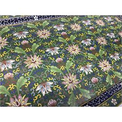 20th century Chinese cloisonne enamel smoking set, comprising two ashtrays, box and tray, with floral and foliate scrolling on green ground