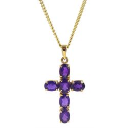 9ct gold six stone oval amethyst cross pendant, hallmarked, on 9ct curb link necklace, stamped 375