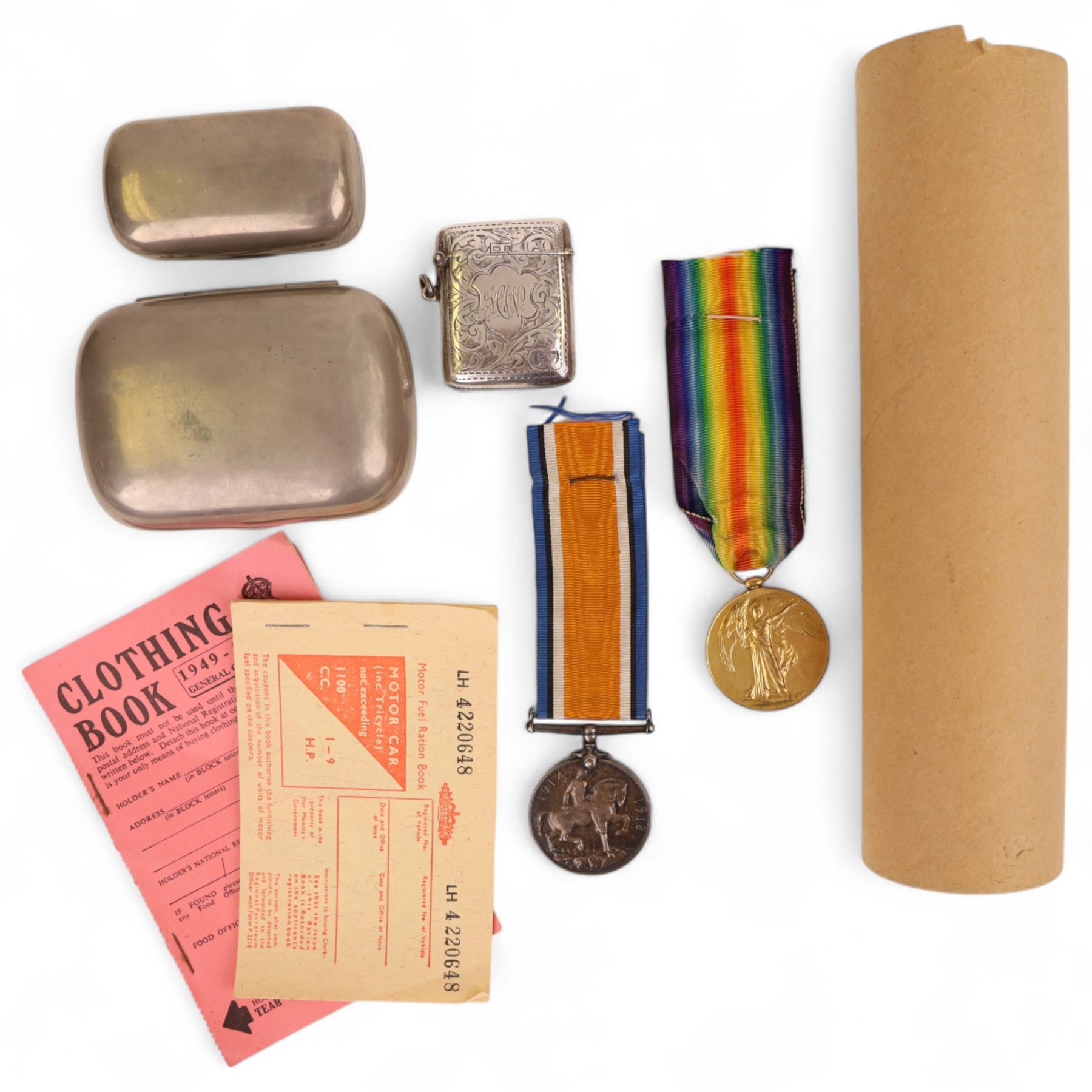 Pair of WW1 medals awarded PTE HM Watson of Sherwood Rangers, silver vesta case engraved HW, together with a photograph of Royal Engineers 1919, two snuff boxes and ration books