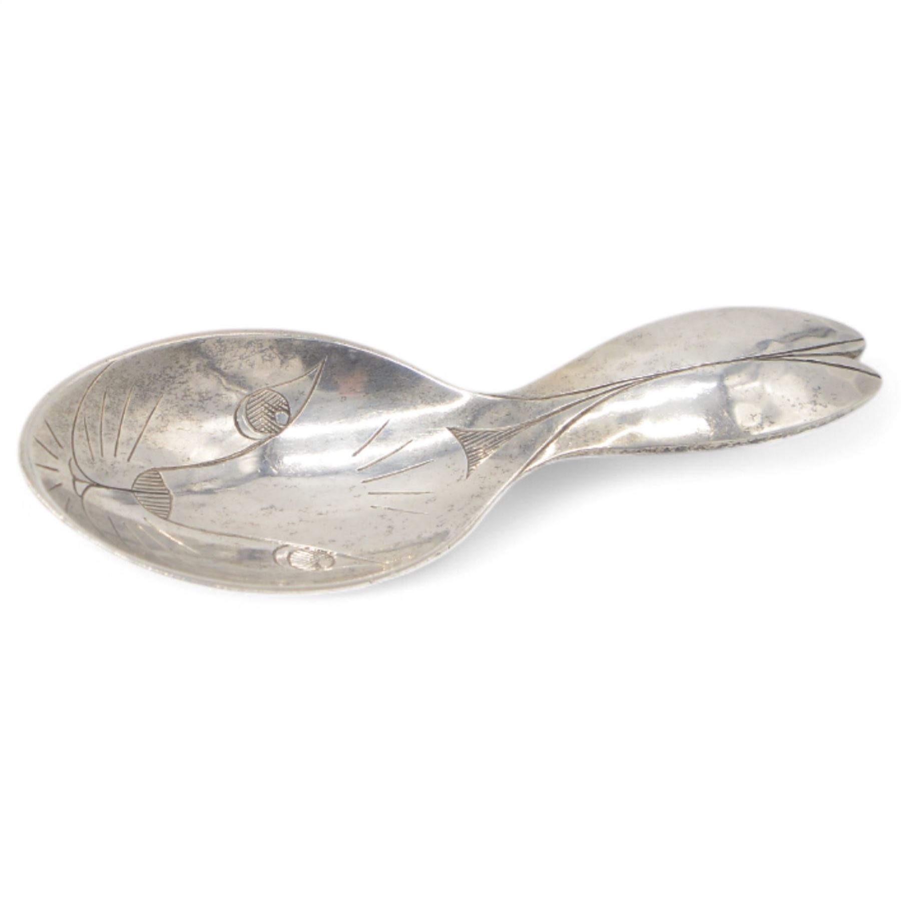 Arts and Crafts silver rabbit caddy spoon, the face engraved to the hammered oval bowl, with the handle formed as the rabbit's ears, hallmarked Henry George Murphy, London 1934, with Murphy's Falcon stamp, L10cm