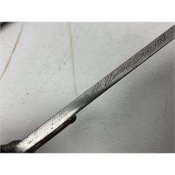 French model 1866 sabre bayonet, the 57.5cm curving blade marked St. Etienne 1873; in associated steel scabbard L71cm; and Mosin-Nagant M1891 socket bayonet with 43cm cruciform blade No.37068 (no scabbard) (2)