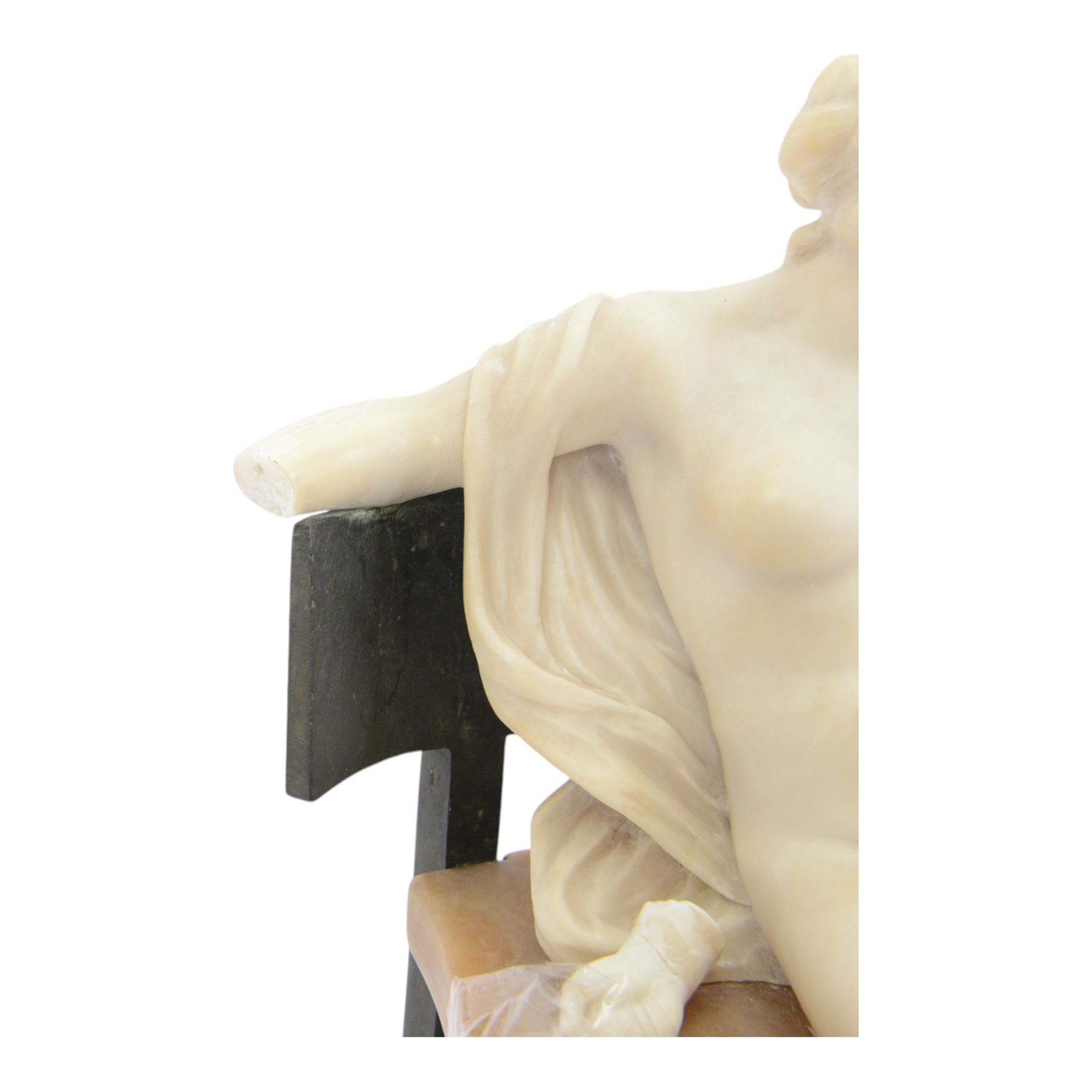 Classical style alabaster figure, modelled as a nude female figure seated upon a chair, H34cm