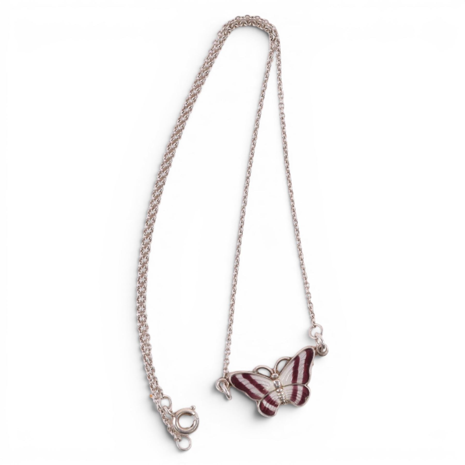 Danish silver and guilloche enamel butterfly pendant necklace, by Volmer Bahner, Denmark