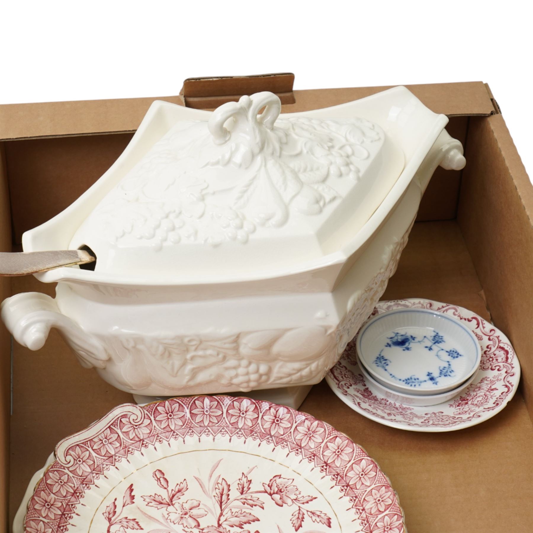 Large burgundy velvet table cover with gold fringe, together with a collection of mixed tableware including a Royal Worcester Crown Ware tureen, etc