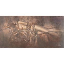 Nicolas Ruston (British 1975-): Reclining Nudes, pair of mixed media signed and dated '99, 38cm x 74cm (2)